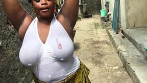 Busty Naija MILF in lingerie outdoors
