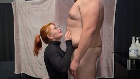chubby man is kissing on his belly by hot redhair girl, then blowjob, and facial cumshot