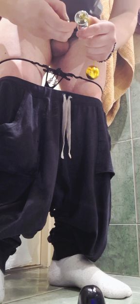 Husband with huge penis plays in the bathroom anally