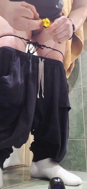 Husband with huge penis plays in the bathroom anally