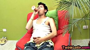 Real solo twink Latino fucks ass with dildo and jerks off