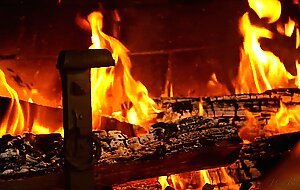 Bootyful Jada Stevens strips in front of a roaring fire and masturbate