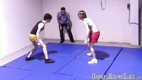 Petite gays spar together hardcore & slowly strip naked