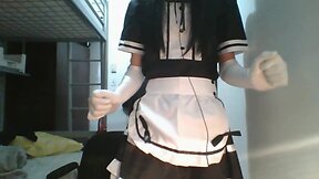 Oriental crossdresser maid eat all the cum and play his small clit