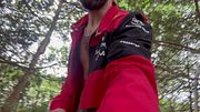 Warming my big cock outside at the lake with my toy in my ass and almost get caught