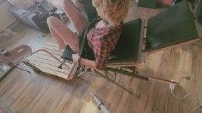 Blonde Teen restrained on medical chair - getting finger fucked and clit teased with vibrator until she shivers and screames in panic and pleasure