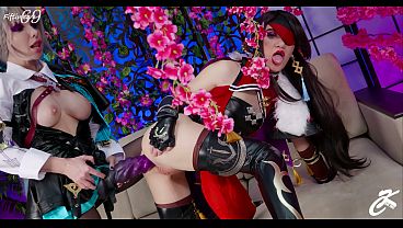 Cosplaying anime girls engage in intense lesbian action