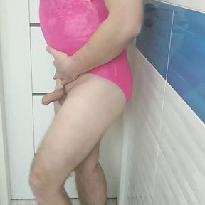 Boy in sexy Pink one piece swimsuit cum