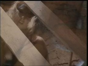 A blonde fingering her pussy in an ancient tower, finds a cock to fuck