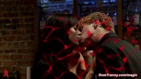 Shemale and babe dominate male sub in BDSM threesome anal action