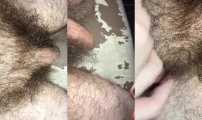 Extreme closeup view of my very long pubic hair around my flaccid uncut cock