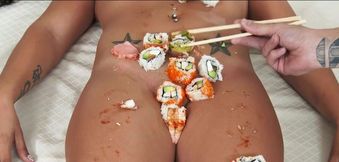 Excellent asian girl Morgan Lee serving sushi on her nude body and banging