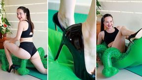 Yoga and stilettos destroy the inflatable crocodile