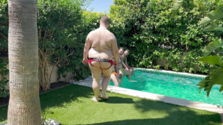 Hairy chubby daddy takes a big dick bareback while sucking cock in a steamy group session