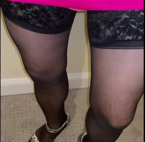 Crossdresser Flaunting by Walking Around in Short Skirts and Dresses, Heels and Stockings Trying to Arouse Cocks and Shemales