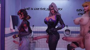 Futanari fuck in a WC with babes from Marvel Rivals: Emma Frost, Squirrel Girl, Rogue