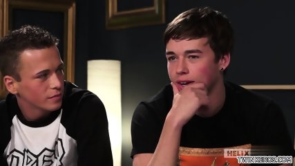 Brunette twink threesome with cumshot