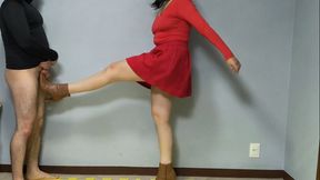 650 Red Domme Kicks Hard: Amateur Ballbusting with Brown Boots