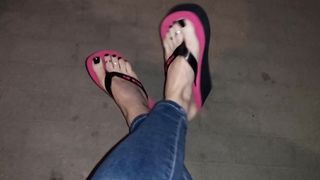 crossdresser in highly cool spin flops ambles the street