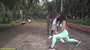 First Anal Experience for Mature Cuckold in Spandex Workout