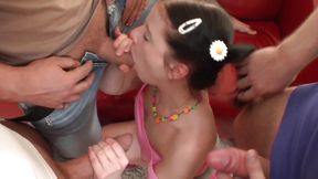 College-aged blonde gets gangbanged and double penetrated