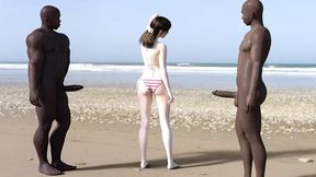 White girl pleases two black guys on the beach
