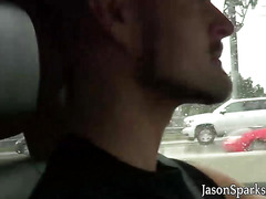 Amateur young gay jerking off his wood hard dick in the car