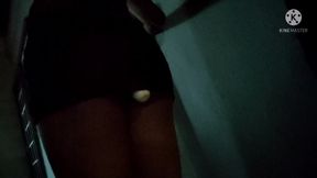 Sissy Crossdresser Walking Outside with a Vibrator Inside Her Ass and a Micro Chastity Cage