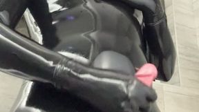 Cute Latex Boy Moans while jerking in the bathroom