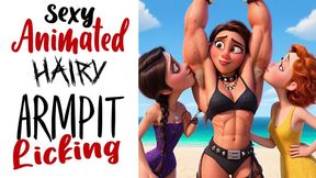 Fit muscular body builder animated woman with bushy hairy armpits gets her pits licked and smelled by kinky girls