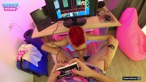 Cute girl sucks dick while I play
