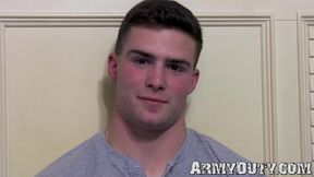 Brunette trooper Thomas Woods plays with his big dick in front of the camera