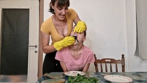 Feeding Each Other Boiled Spinach