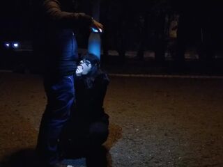 Milf whore gives a blowjob on a leash in a public place