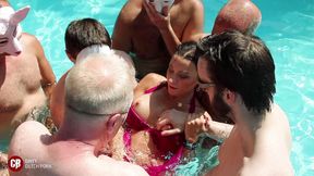 Teen got creampied in swimming pool gangbang