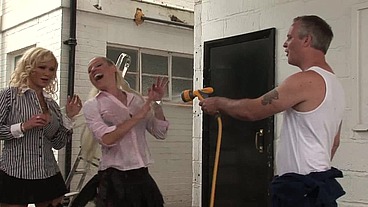 Sharon and Cindy Take Dick While Hosing Off