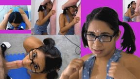 eRicas pigtails get turned into handlebars while geting facefucked & she takes a facial wearing her overalls
