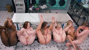 Nasty Cougars and Teens Have a Wild Lesbian Orgy in Public Laundry During Spring Cleaning
