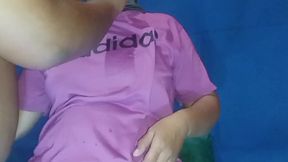 Fucking a squirting milf&#039;s pussy using a dildo and a condom. Suddenly stopped because someone knocked on the door.