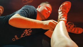 Double foot domination by two female wrestlers