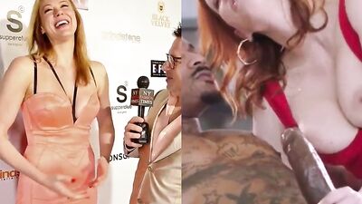 Voluptuous redhead slobbers on a massive black cock and rides it hardcore