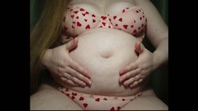 Sexy playing with fat belly and boobs in cute lingerie