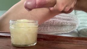 Fillingup jar with cum for wifey to swallow