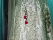 Indian gay Crossdresser Gaurisissy xxx sex in Golden Saree pressing his boobs and fingering his ass