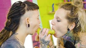 Tattooed GF uses strap-on to pound petite petite in missionary position