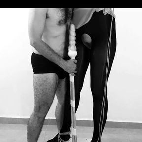 Shaking legs in black pantyhose standing pole bondage with non stop orgasms