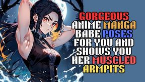 gorgeous anime Manga samurai ninja fighting babe poses for you and shows you her muscled armpits