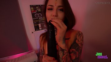 Small tits inked brunette babe Mari Galore masturbates with black dildo