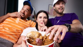 Raj enjoys Ts Bailey's chicken at game night