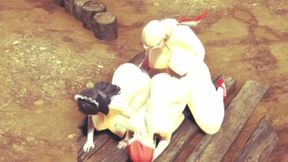 Muscle futa wrecks her two maids with her huge cock